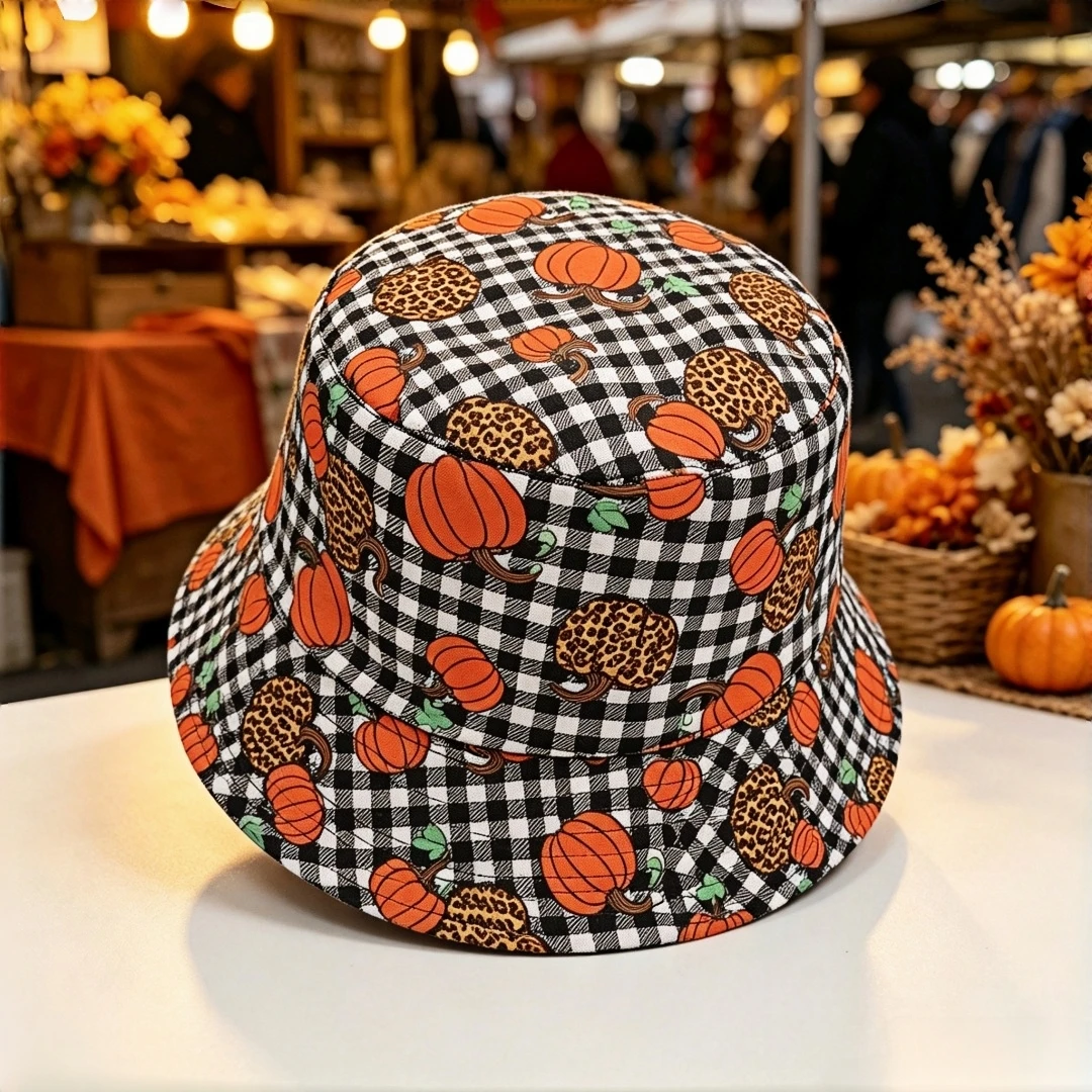 Halloween Pumpkin Leopard Plaid Bucket Hat Fall Autumn Fisherman Cap Casual Outdoor Party Travel Foldable Sun Hat For Women Men