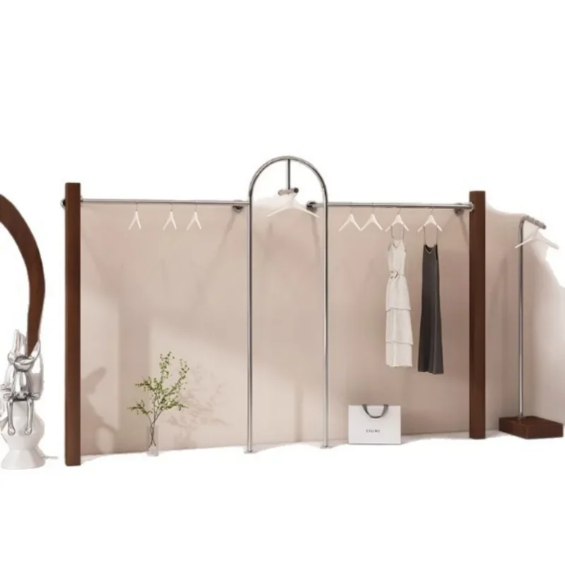 High-end clothing store display rack, stainless steel clothing rod on the wall, walnut women's clothing store anti-solid wood