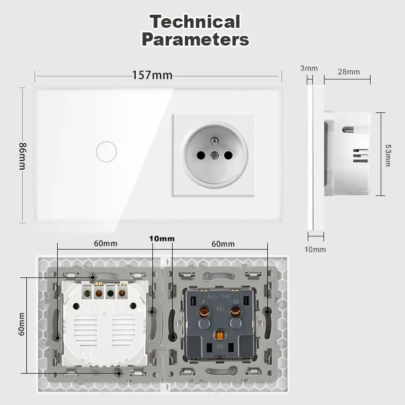 NYWP Touch Switch French Wall Socket Led Wall Light Switches 1/2/3Gang 1Way Glass Backlight Phone Charge USB France Sockets