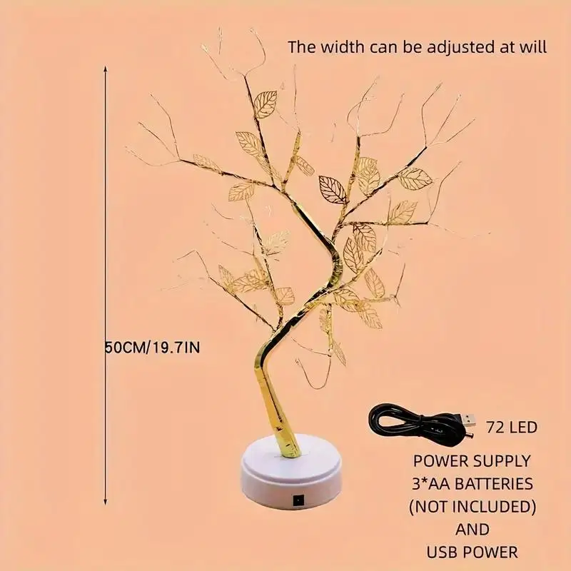 1PC Golden Leaf Tree Lamp, 72 LED Copper Wire String Lights, USB or Battery Powered with Touch Switch, 2-Mode for Home Decor