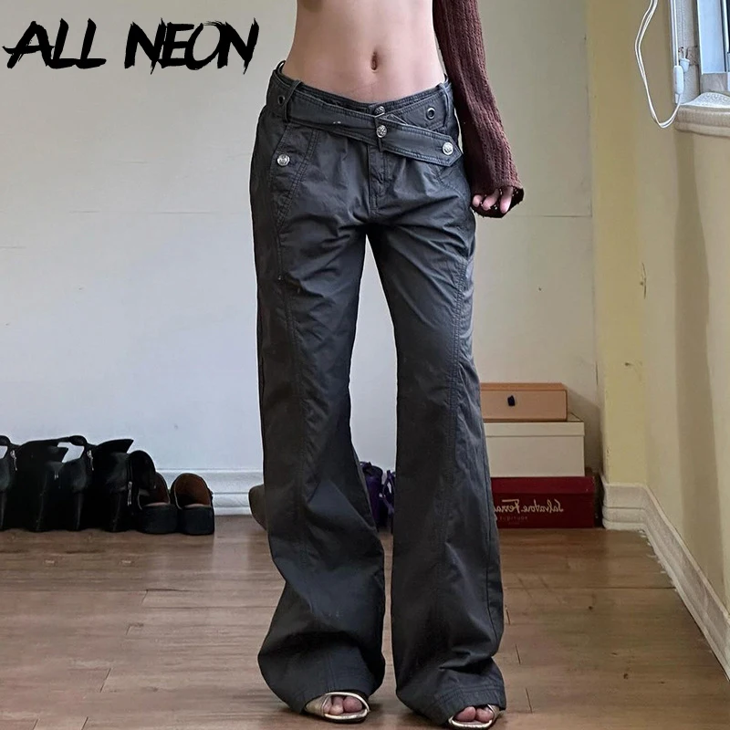 

ALLNeon 90S Vintage Low Waist Flare Pants Punk Grunge Belt Pockets Loose Trousers Casual Streetwear Full Length Pant Female Y2K