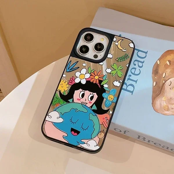 창의적인 환경 지구 거울 표면 맥세이프 블랙 테두리 휴대폰 케이스 커버, 아이폰 11, 12, 13, 14, 15, 16 프로 맥스 케이스