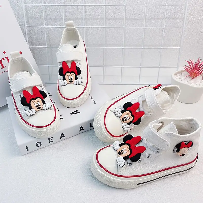 Cute Cartoon Minnie Mouse Girls Canvas Shoes New Soft Bottom Mickey Children's Casual Shoes Students Fashions High-top Trainers