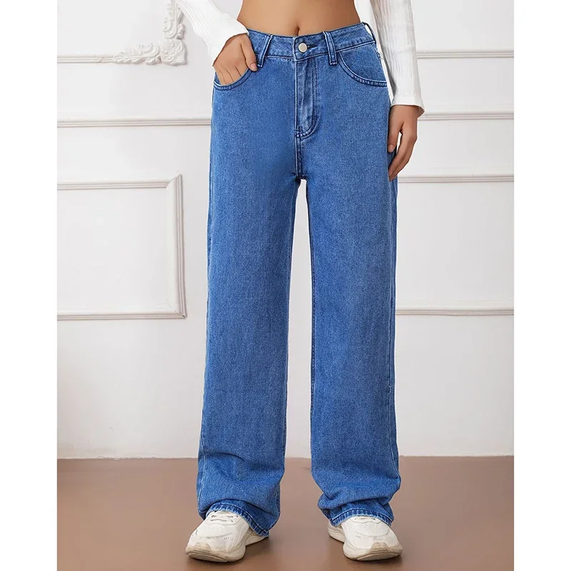 المرأة الكلاسيكية فضفاض مستقيم الساق الجينز الإناث الكورية عالية الخصر رقيقة سراويل جينز الفتيات الكورية موضة السراويل الطويلة الزرقاء #2