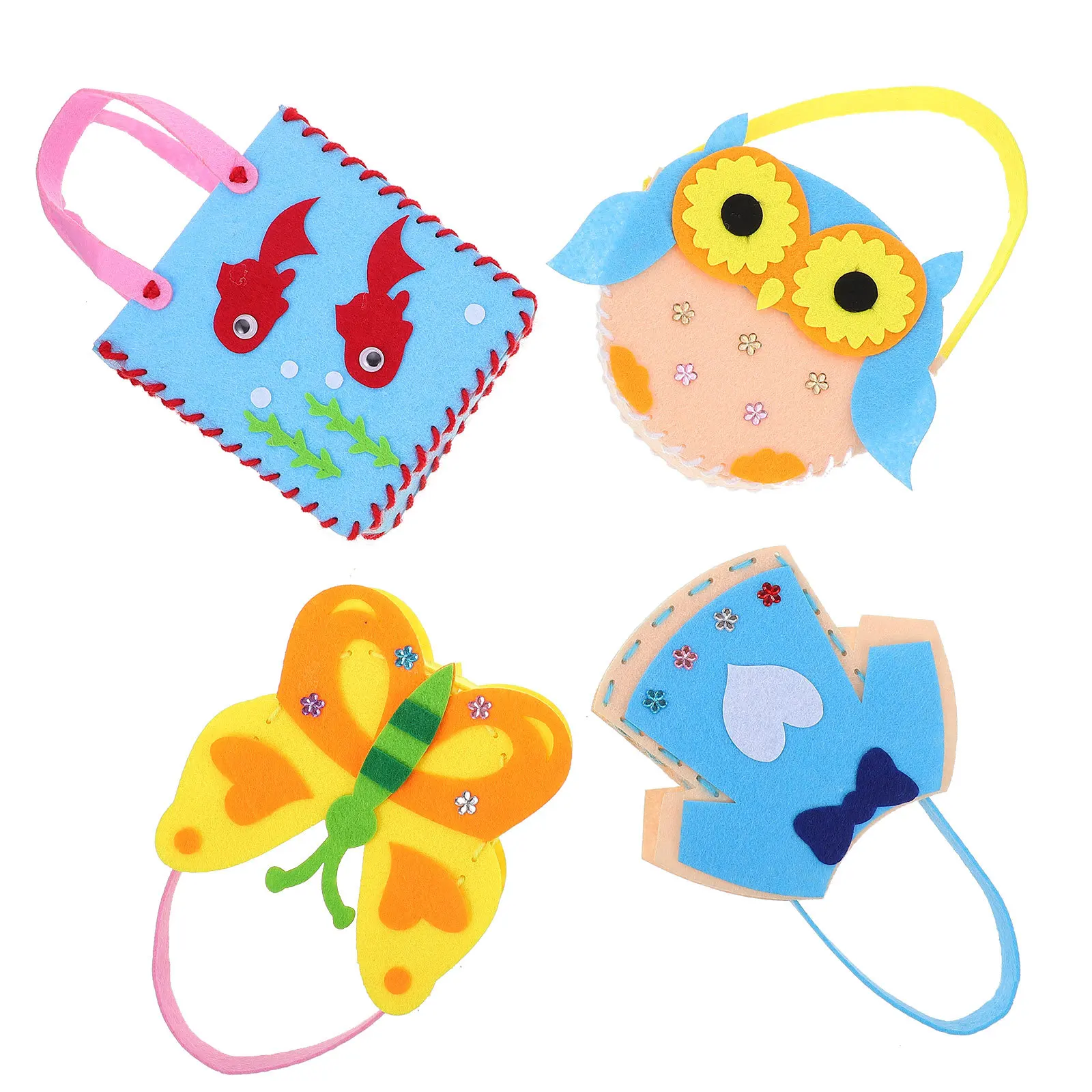 4개 DIY 어린이 핸드백 공예 키트 부직포 가방 수제 선물 세트 손재능 향상 핸드백 장식