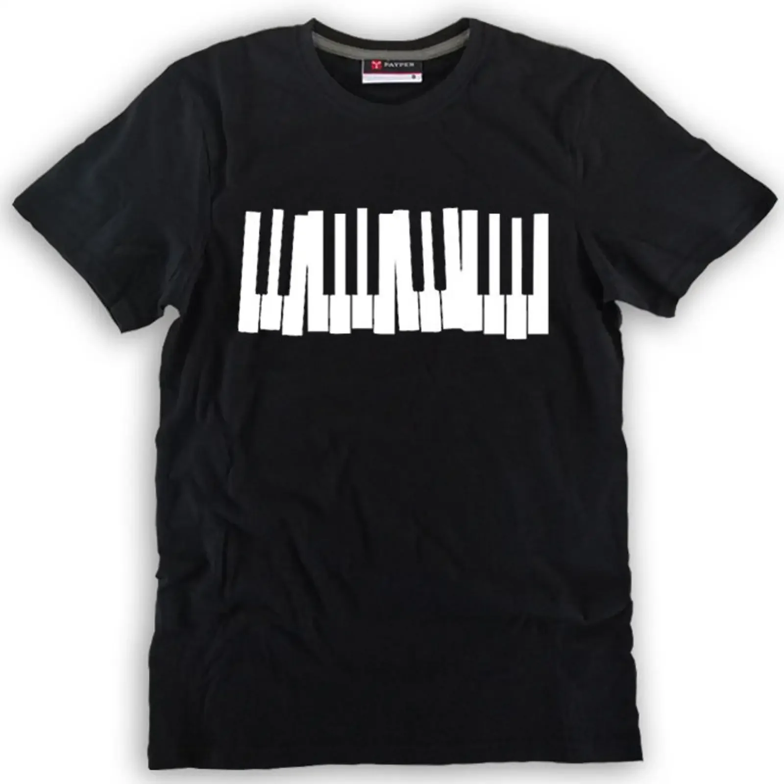 Black T shirt with piano keyboard print music musician pianist vintage Washed Top For Everyday Wear Casual Slightly streetwear