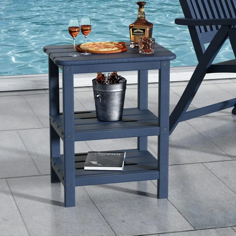 3 Tier Patio Side Table, Small Outdoor Side Table with Storage, Outdoor Coffee Table for Small Spaces, HDPE Outdoor End Table