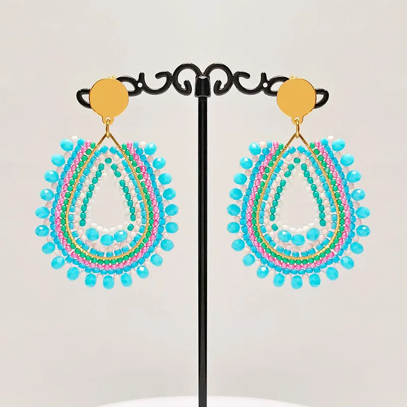 Beaded earrings Water drop Originality Crystal Graph Hand knitting Bohemia Alloy Tide Simple Rice bead earrings