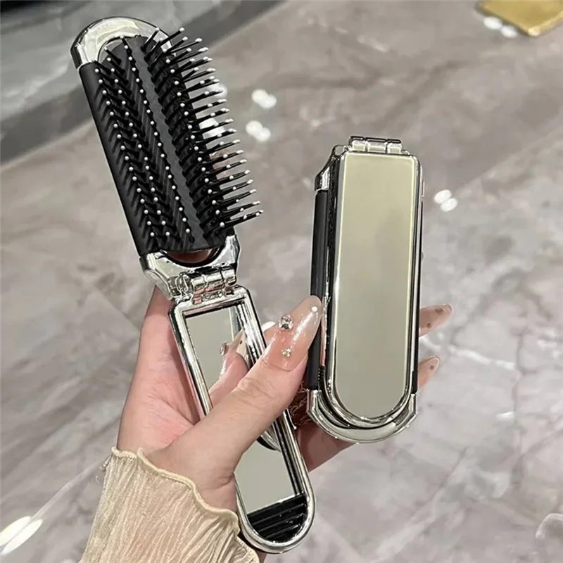 TKOH-2-en-1 Peine y espejo plegables portátiles: cojín de aire de diamante, adorno de diamantes de imitación, cepillo de pelo de viaje compacto y herramienta de maquillaje