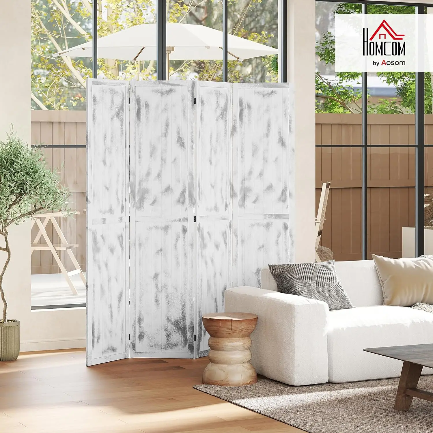 55 Foot Tall 4 Panel Woodgrain Rustic White Freestanding Privacy Partition Separator