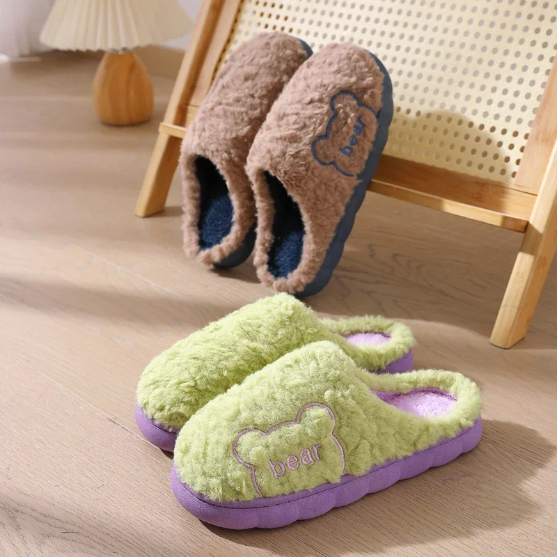 New Plush Slippers Men Casual Floor Flats Fashion Women Fluffy Winter Warm Slides  Bedroom Anti-Slip Lovers House Cotton Shoes