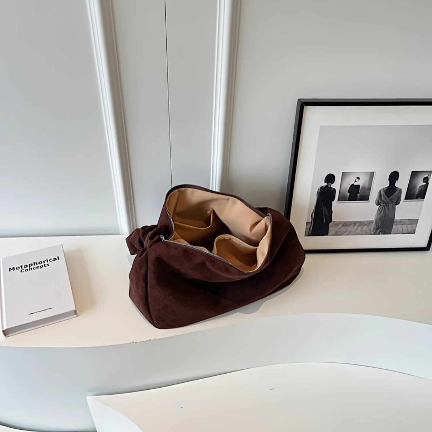 Vintage einfarbige Handtasche, klassische Damen-Geldbörse mit gerafftem Riemen