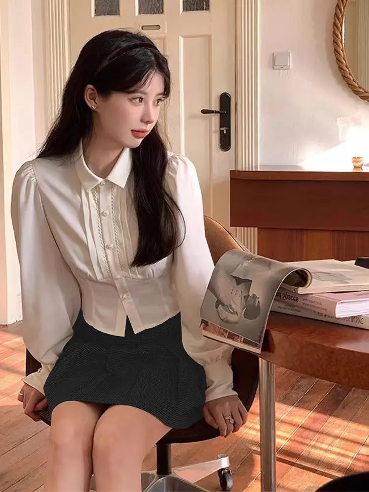 Francês chique manga comprida camisas brancas mulheres 2025 outono doce fino ajuste cintura colheita topo vintage versátil blusa