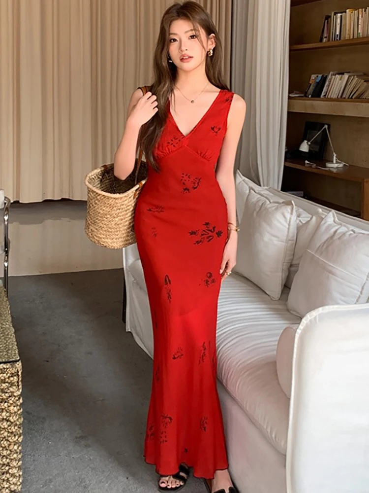 

Summer Red Floral V-Neck Sexy Sling Long Dress Women Elegant Luxury Ruffled Evening Dress 2025 Korean Bodycon Festival Vestidos