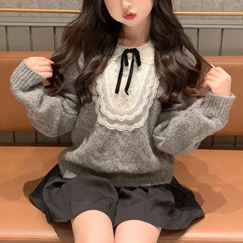 Deeptown Youthful Woman Grey Harajuku Sweaters Korean Style Aesthetic Laces Jerseys Cozy Vintage Cute Knit Pullovers Autumn Bows