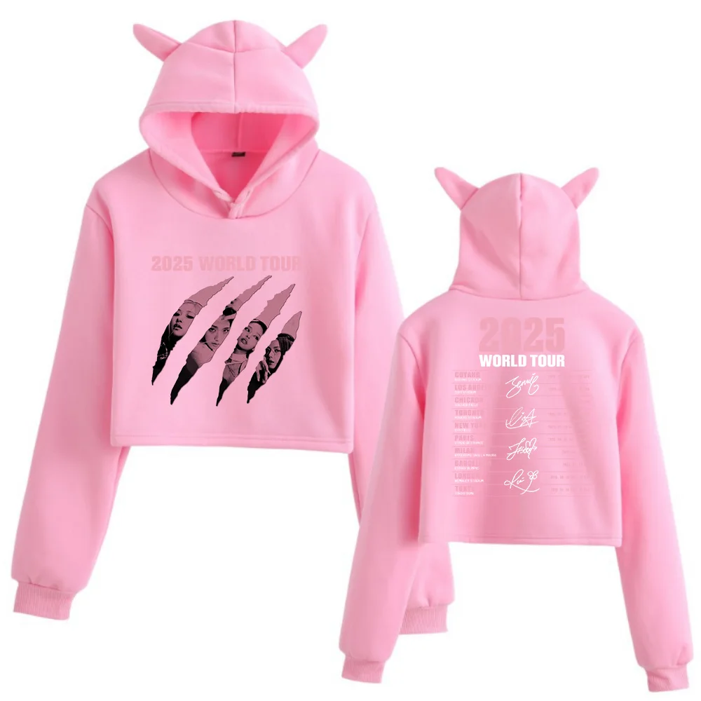 2025 Black World Tour Merch Cat Ears 2-zijdige crop-tops met lange mouwen en mode-hoodie voor meisjes