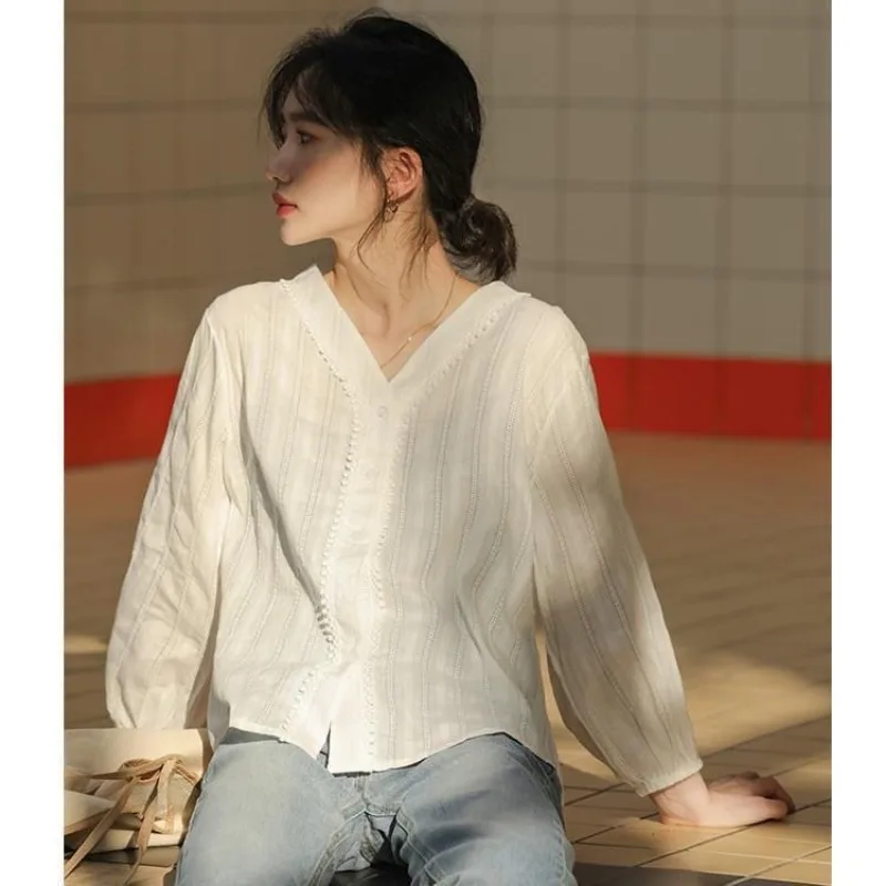 QWEEK Korean Style Basic White Women Blouses Oversized Office Elegant V Neck Long Sleeve Shirts Solid Colour Fashion Youthful