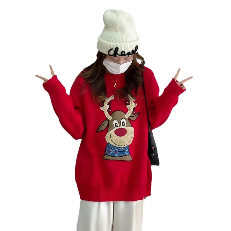 Deer Christmas Pullover Sweater Sweet Gentle Temperament Versatile Autumn Winter Women\'s Lazy Style Loose Knit Sweater Top