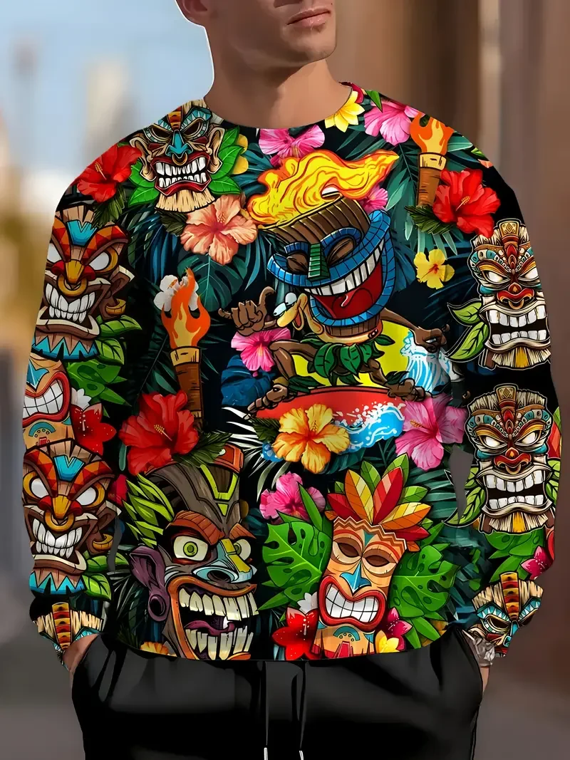 الفن ثلاثية الأبعاد مطبوعة لهب الجمجمة نمط رجل سترة كول العصرية البلوز الخريف الشارع طويلة الأكمام س الرقبة هوديس Y2k ملابس رجالي