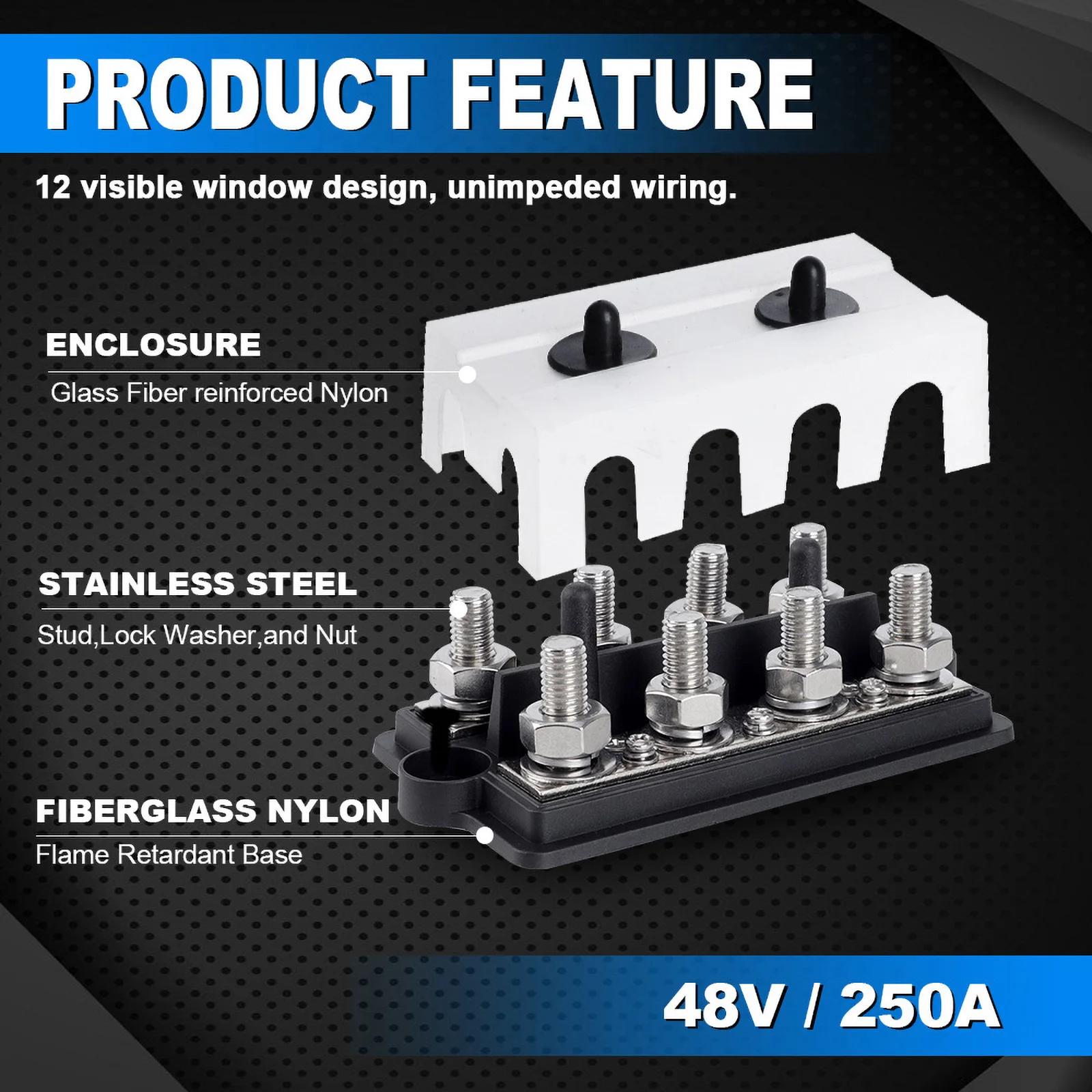 CNSPEED Heavy Duty M8 M10 Bus bar Battery Terminal Studs Box 48V 250A BusBar Positive Negative Power Distribution Block Box