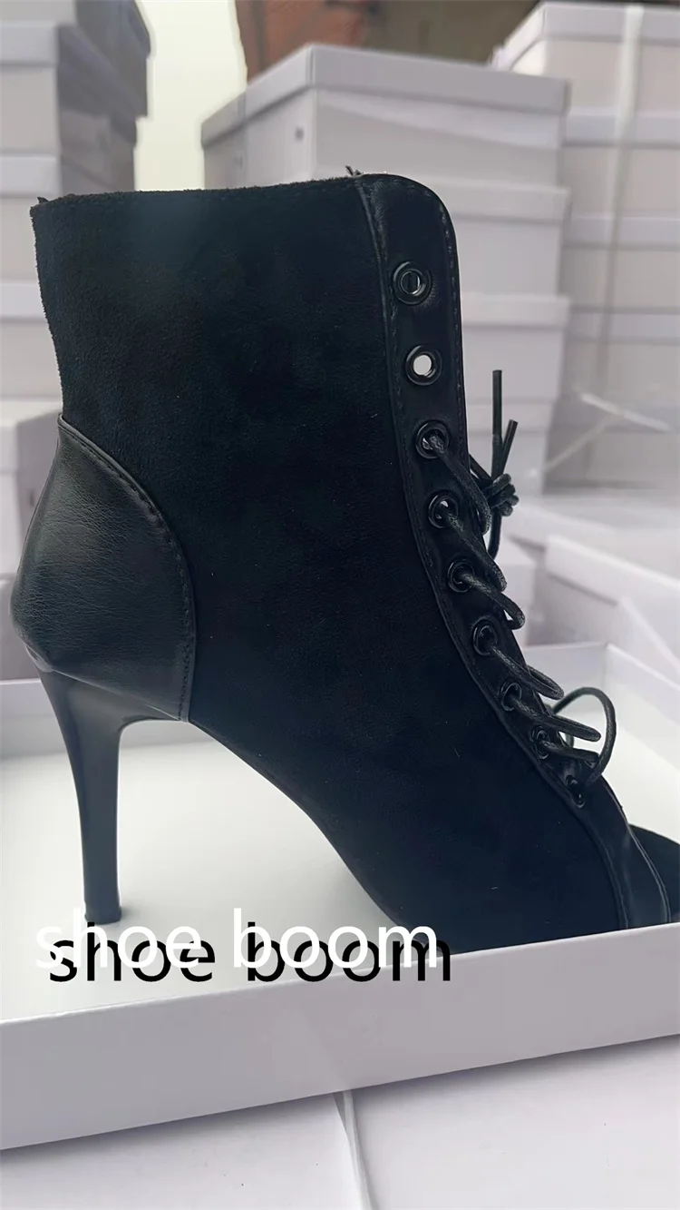 Sandalias con cordones, tacones de 9CM, zapatos de mujer, tendencia de verano 20224, botas sexis negras con punta abierta, tacones de aguja de tela a la moda, baile de Jazz para mujer