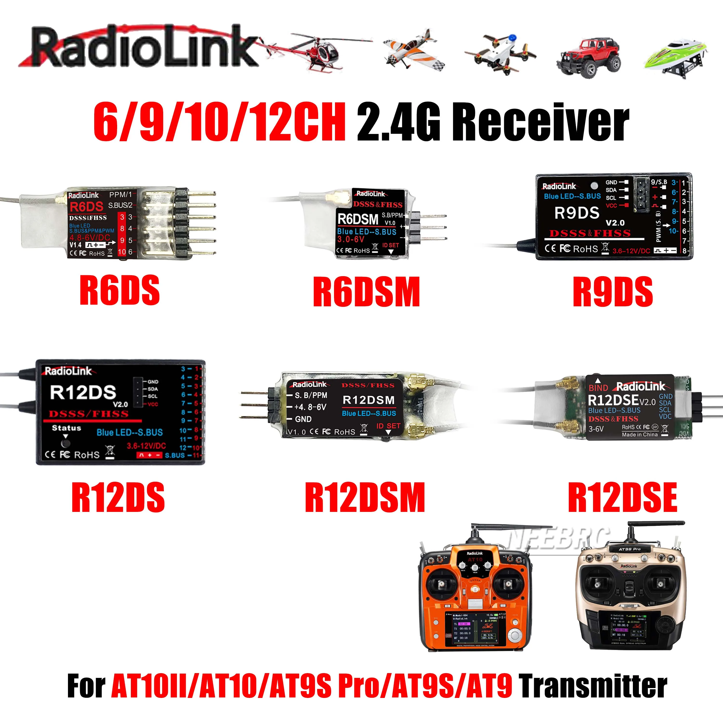RadioLink 6/9/10/12CH 2.4G Receiver R6DS R6DSM R9DS R12DS R12DSM R12DSE for RC Car Robot Drone AT10II/AT10/AT9S Pro/AT9S/AT9