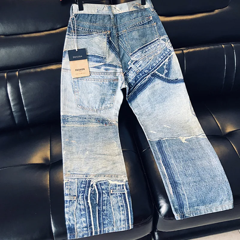 HKSH Spring Autumn New Men Tide Punk Patchwork Y2K High Street Vintage Spliced Jeans Trendy Chic Straight Denim Pants Ins HK5723