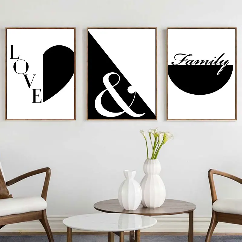Black White Modern Minimalist Geometry Canvas Art Print Love and Family Wall Decor Poster Painting for Home Decoration​