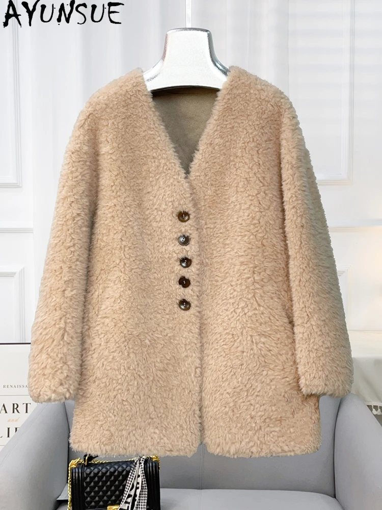 아윤수 100% 천연 양모 여성 코트 중간 길이 루즈핏 부드러운 양털 재킷 여성 의류 2025 신상 아우터 아브리고 무헤르