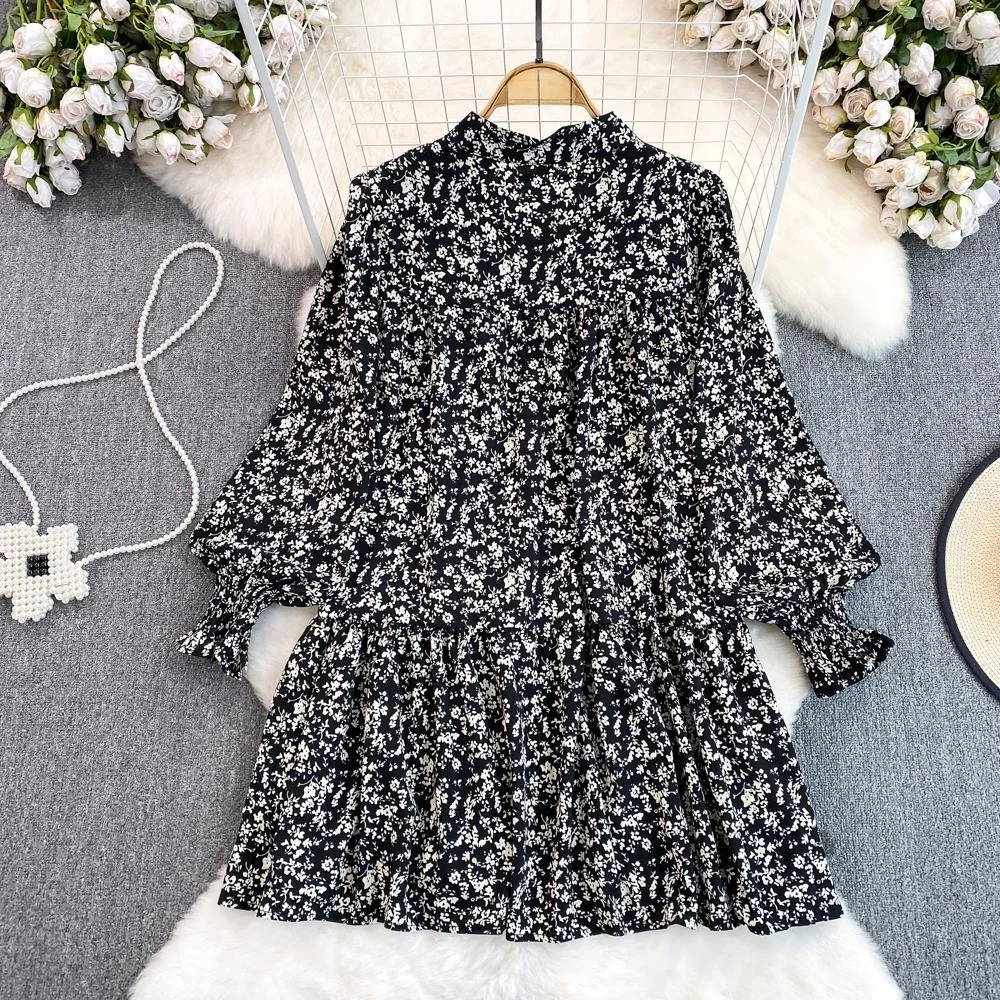 봄 가을 패션 젠틀 스위트 랜턴 롱 슬리브 브이넥 루즈 미디 A라인 레이스 트림 플로럴 프린트 여성 스커트