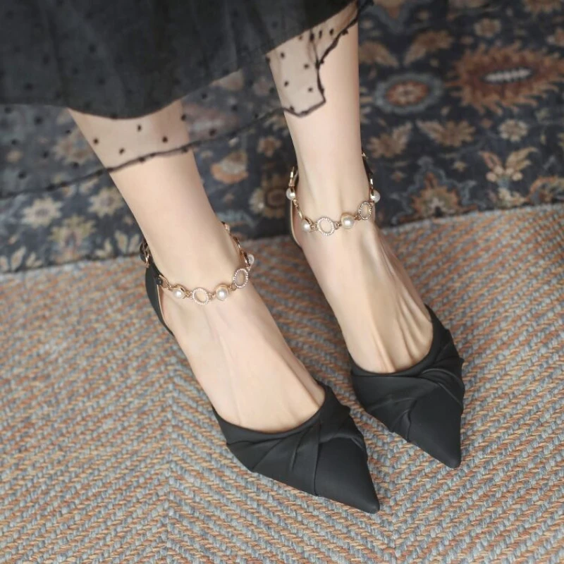 2024 Women's Spring Summer New Pointed-toe Sexy High Heels Bow Fashion Versatile Solid Color Ankle Buckle Stiletto Heel Medium
