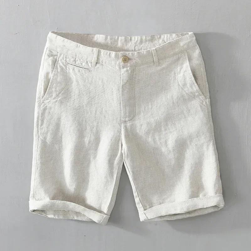 

Summer 100% Linen Shorts for Men Breathable Beach Shorts Man White Casual Straight Knee Length Pants Daily Simple Classic Shorts