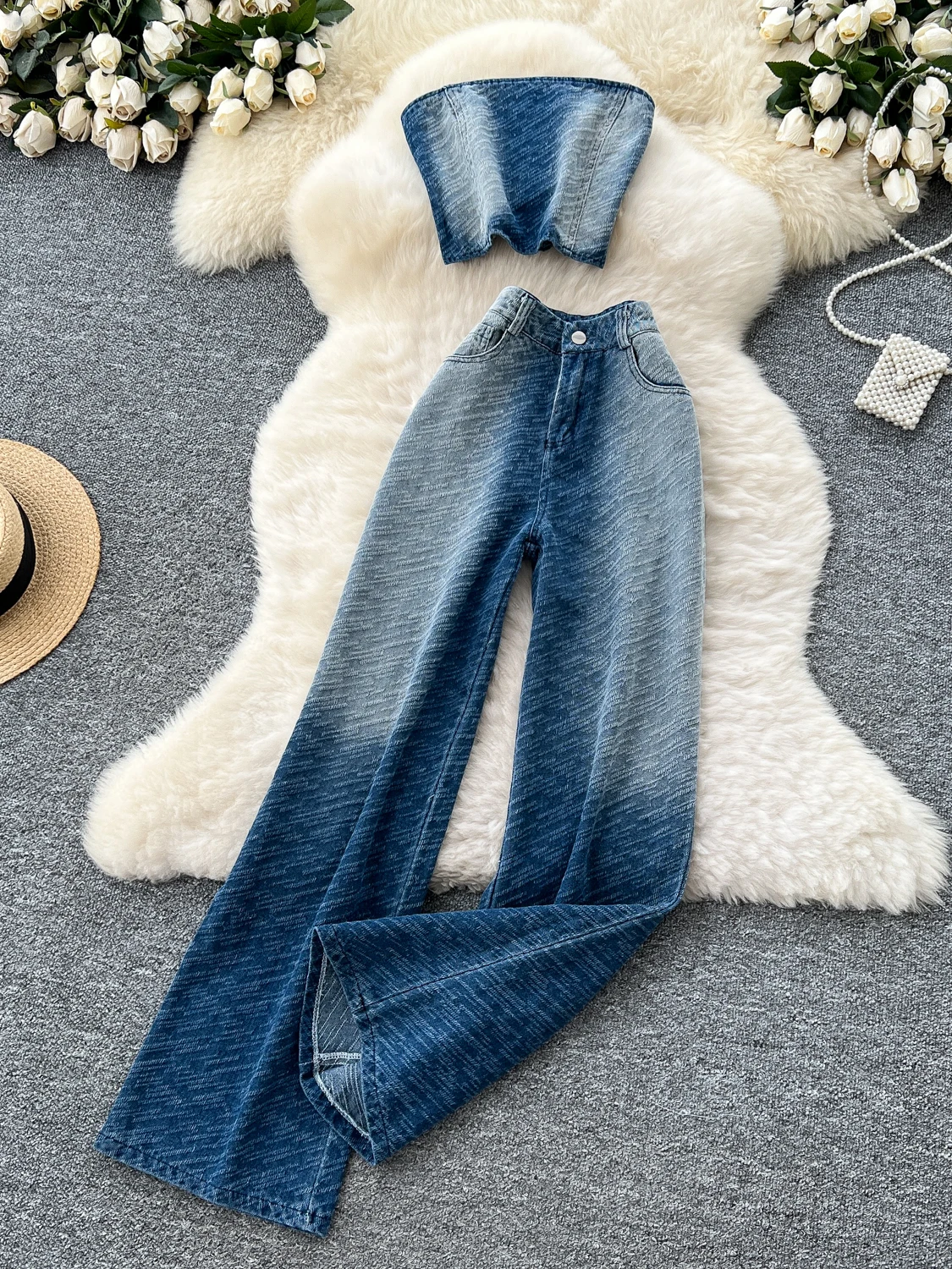 

Гонконгский повседневный комплект, женский летний джинсовый комплект с высокой талией и широкими штанинами, прямой крой, топ и жилет, модный ансамбль