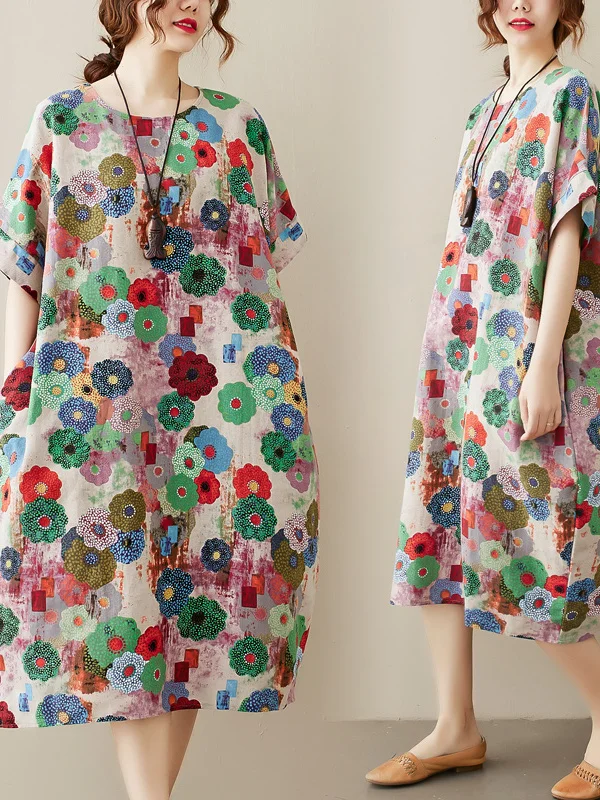 Ropa holgada de lino y algodón Dr round Ne ort Sve de longitud media para mujer, ropa de verano de talla grande, adelgazante, reductor de edad