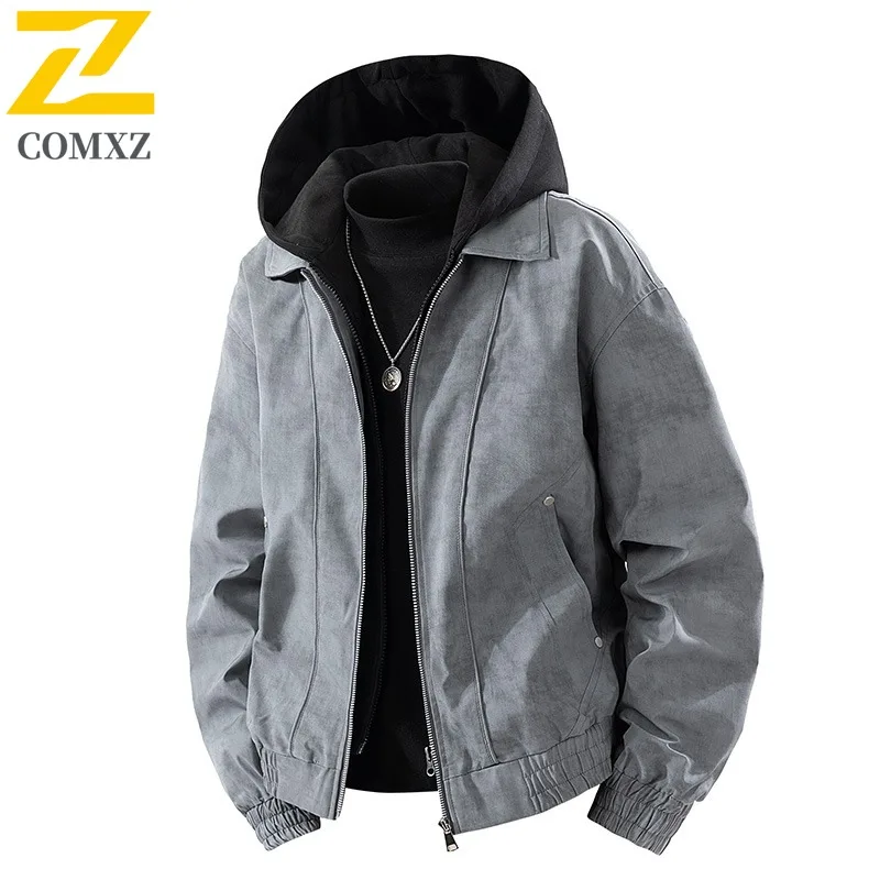 

COMXZ 2025 Мужская камуфляжная куртка с капюшоном из двух предметов, винтажная летная куртка, весенне-осенняя модная модная повседневная легкая куртка