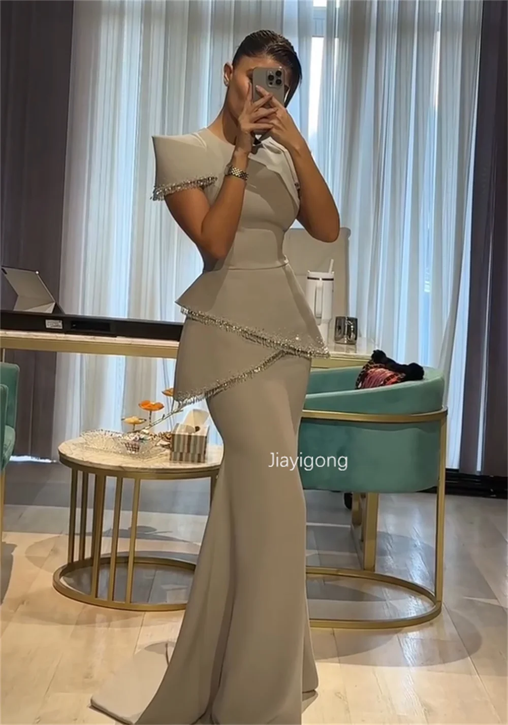 Customized Exquisite Jersey Pleat Sequined Mermaid O-Neck Long Bespoke Occasion Prom Dresses Fashion Modern Style image 3