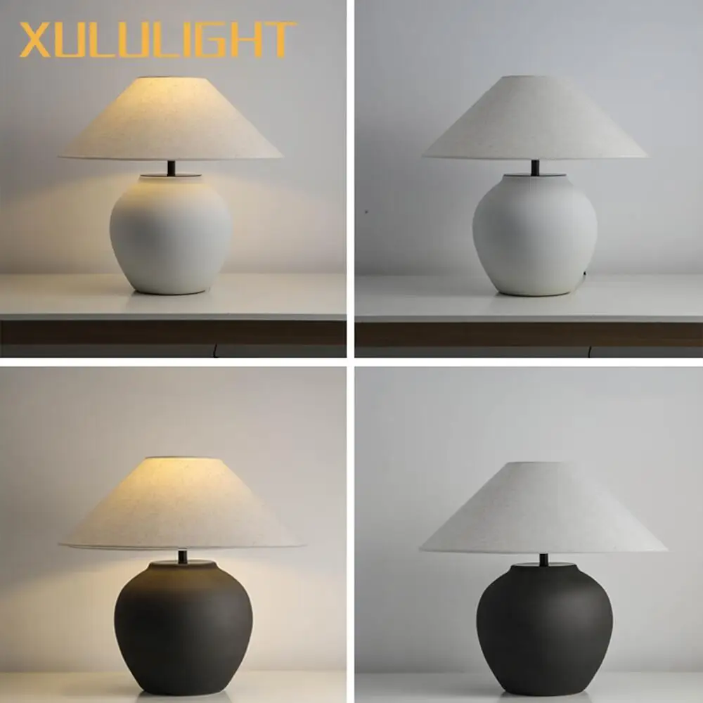 Wabi Sabi Style Ceramic Table Lamp Living Room Coffee Table Black Oversized Decorative Desk Lamp Japanese Retro Lighting Fixture