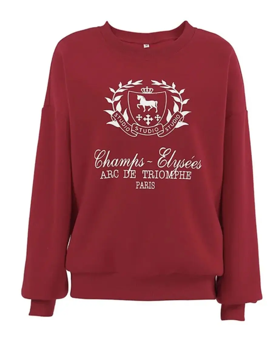 Y2K collège dame rétro Badge vin rouge sweats col rond ample automne pull à la mode tempérament femmes Preppy-style haut rétro