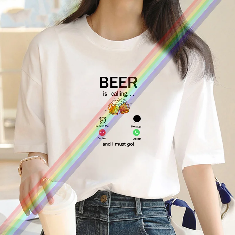 Calling Beer Print Y2k T-shirt For Women's Summer Oversized Ladies Short Sleeved Tees Clothing Loose Pure 100% Cotton Soft Tops