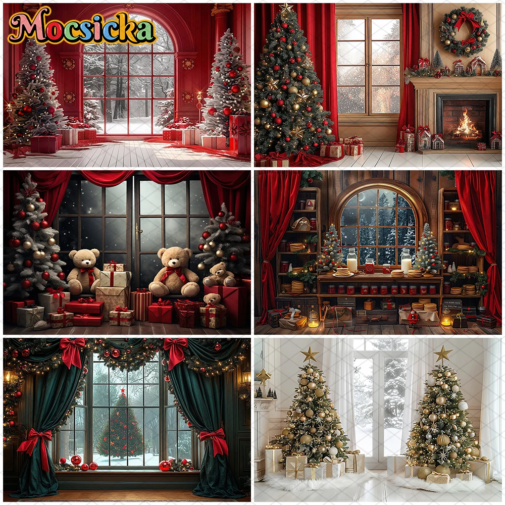 Mocsicka عيد الميلاد التصوير خلفية السنة الجديدة نافذة شجرة زينة الأسرة الطفل صور الخلفيات حفلة عيد ميلاد خلفية