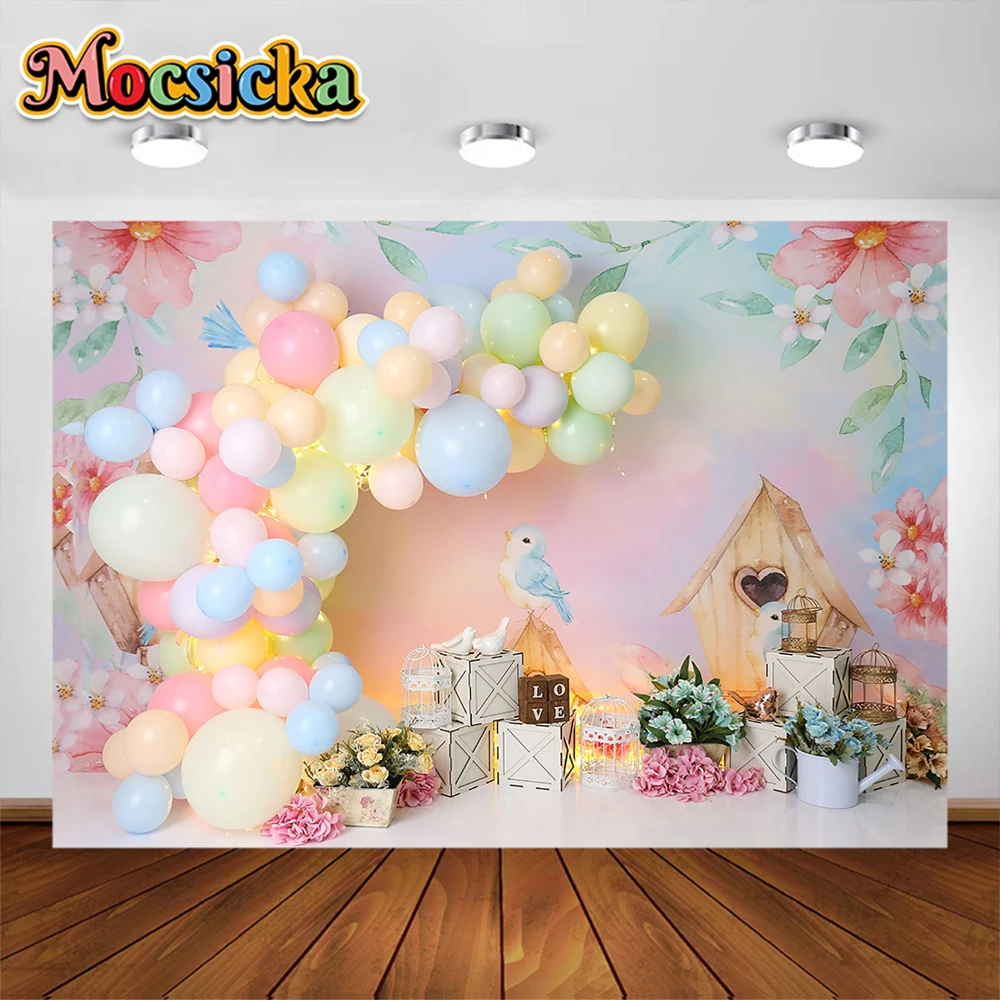 Colorful Princess Balloons Party Backdrops Girl Birthday Photography Cake Smash Castle Pink Background Photo Shoot Studio