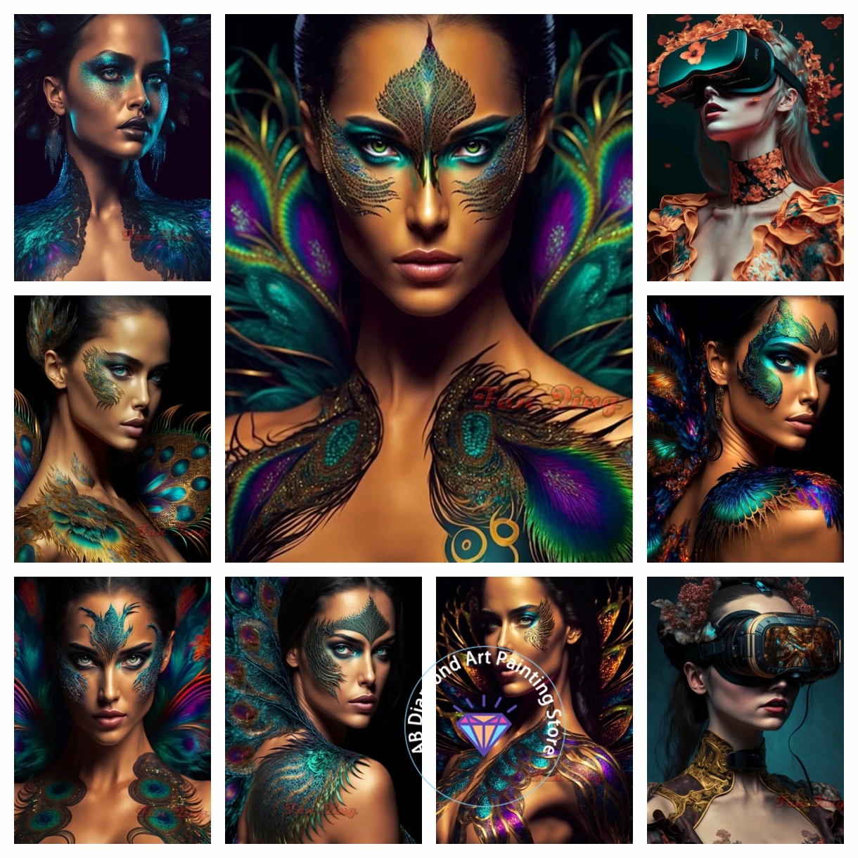

DIY 5D AB Diamond Painting Peacock Makeup Woman Portrait Cross Stitch Kits Full Diamond Mosaic Pictures Home Decor Gift