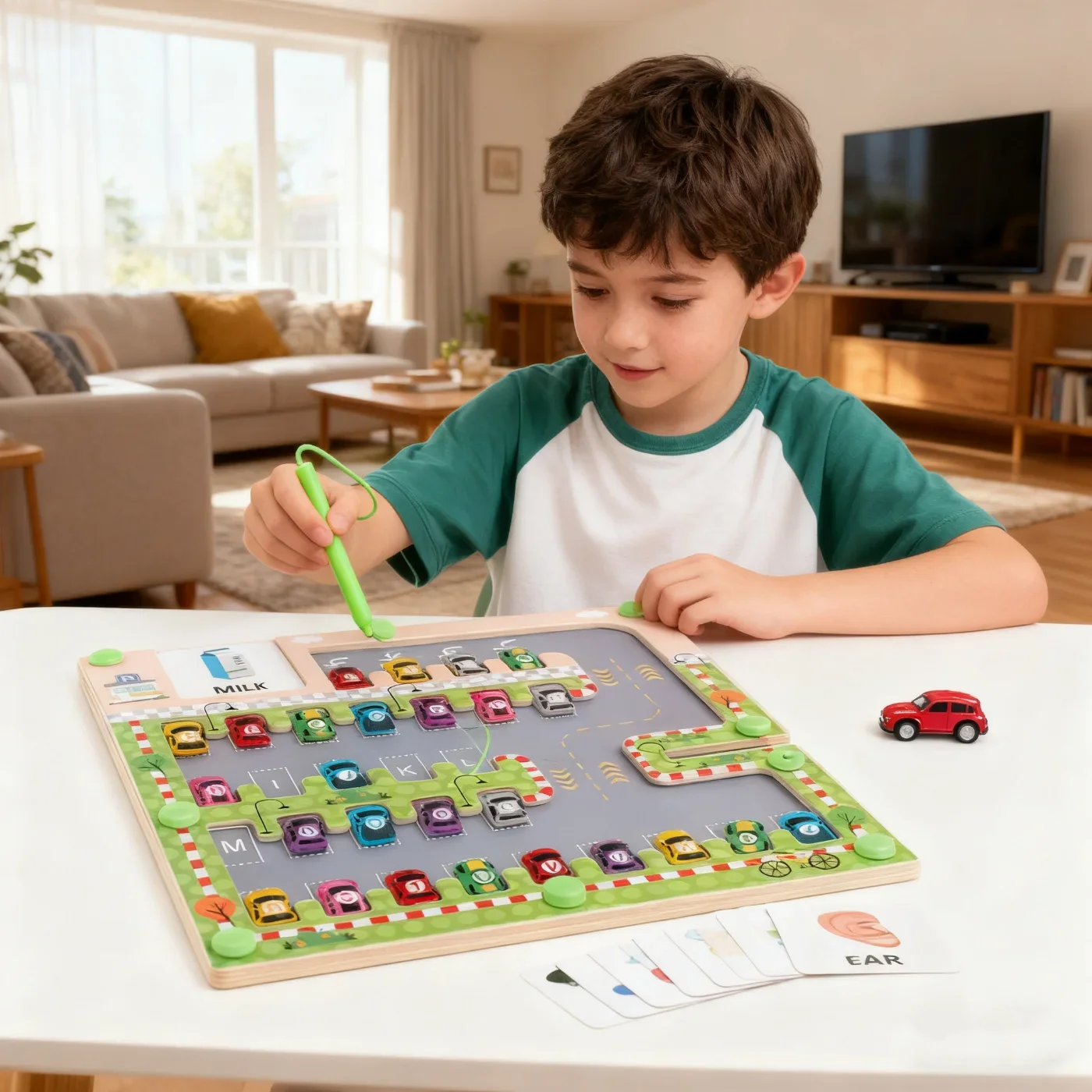 Magnetyczny labirynt samochodowy z alfabetem, zabawki Montessori, nauka liter ABC, zabawki edukacyjne dla najmłodszych, nauka słów w przedszkolu, zabawki rozwijające motorykę małą dla dzieci.