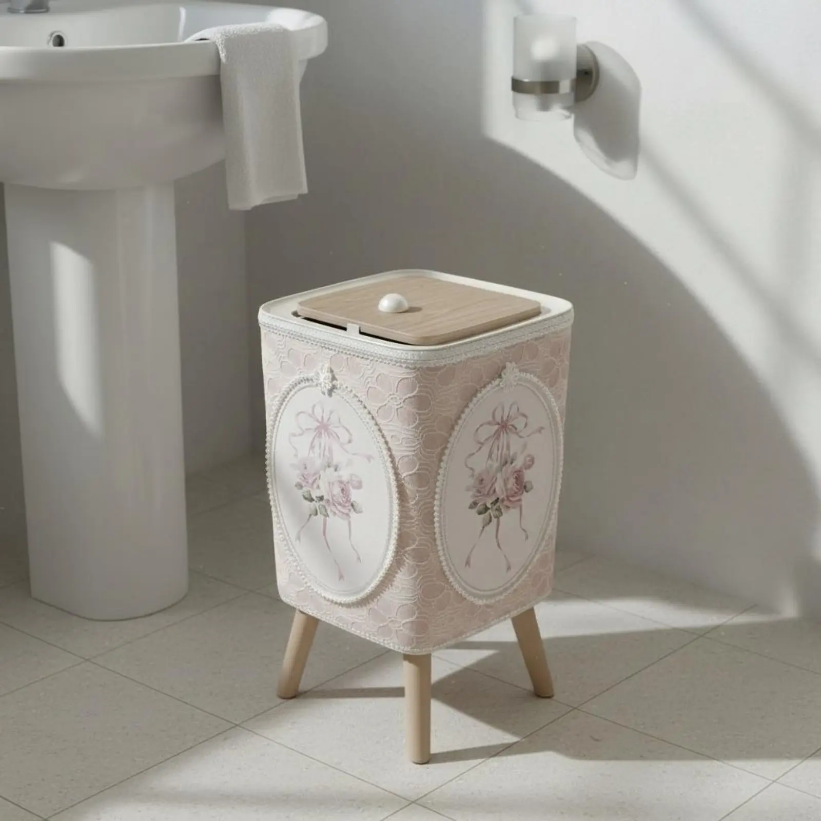 

Корзина для мусора с кружевным узором на ножках, квадратная, с откидной крышкой, декоративная, с бисерной отделкой, для гостиной