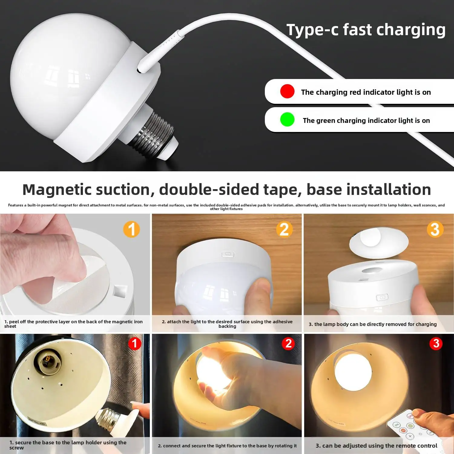 3 Colors / RGBCW LED Bulb E27 5V USB Rechargeable Light Remote Control Touch Dimmable Atmosphere Lamp for Bedroom Bedside Bar