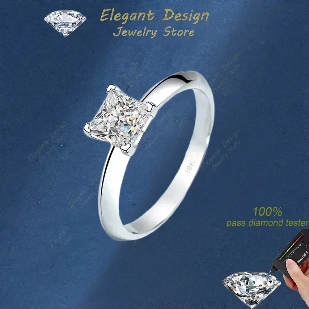 Elegant Store 1/2 CT Square Moissanite Ring, Jewelry Women 18K White Gold VVS1 Original Certified Wedding Engagement Rings