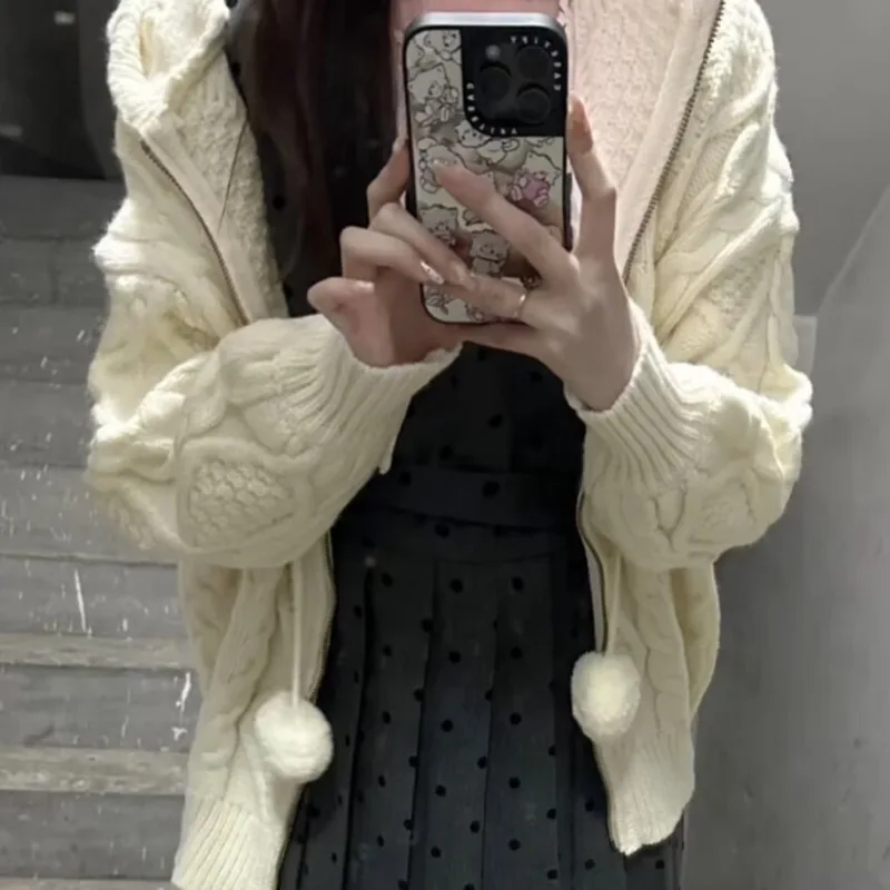 Hooded Jackets for Women Knitted Fashion Solid Young Girls All-match Loose Korean Style Spring Autumn Ulzzang Simple Zipper Chic