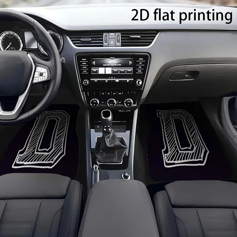 4pcs Car Floor Mats, White Line Letter D Pattern, Material, Universal Car Mats, Easy To Clean, Suitable For Front And Rear Seat