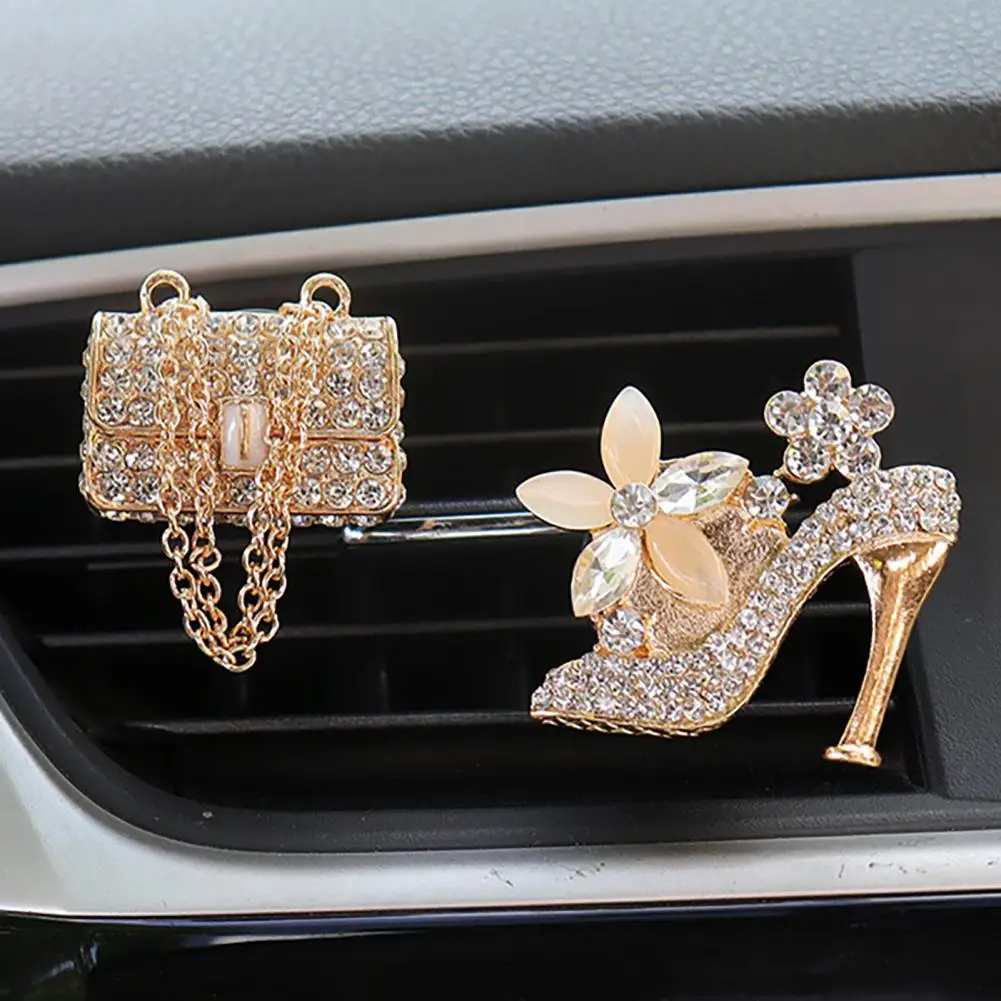 Car Air Vent Clip Luxury Rhinestone High Heel Handbag Car Aromatherapy Air Vent Clips Glamorous Automotive Air Freshener