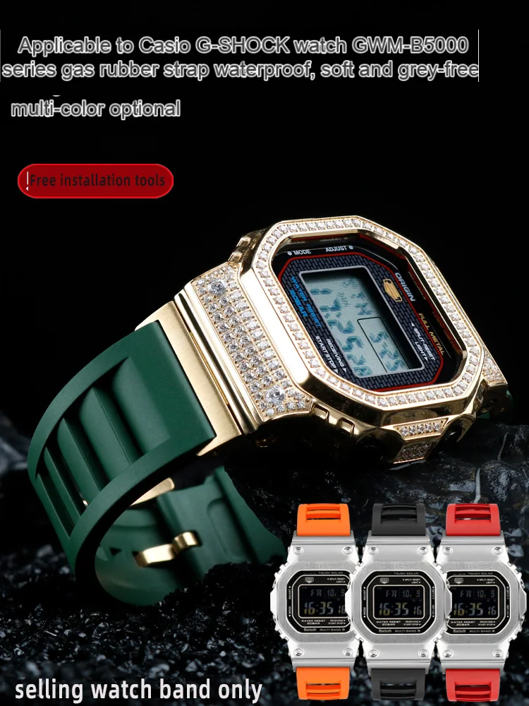 カシオG-SHOCKのフルオロラバーウォッチバンド、変更されたリストバンド、35周年記念シリーズ、GMW-B5000、小さなゴールドまたはシルバーのピース